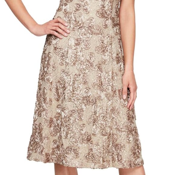 ALEX EVENINGS Audrey Rosette Lace Sequin Dress Size 14 Champagne Style 1121570 - Picture 2 of 15